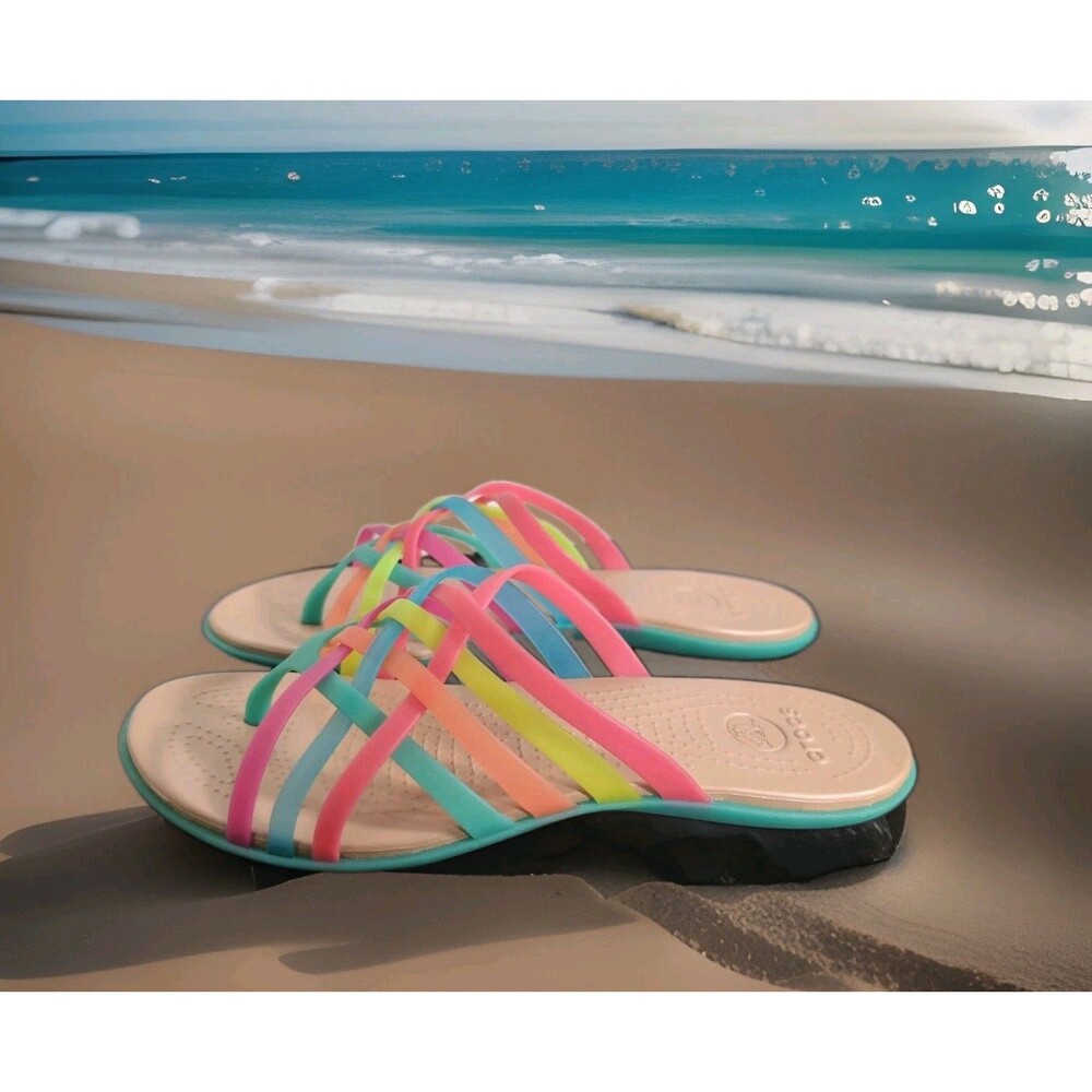 CROCS HUARACHE WOMEN'S SIZE 10  JELLY RAINBOW STRAPPY SANDALS COMFORT SLIDE EUC